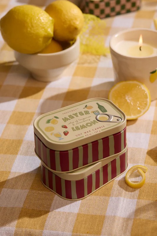 Candela profumata al limone con note di mandarino e fragola in latta vintage, realizzata in cera di soia con due stoppini, perfetta come candela particolare da regalare
